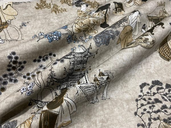 Geisha Japanese Pagoda Oriental Floral Linen Look Curtain Fabric Material - 140cm or 55'' Wide Textile - Beige - Image 5