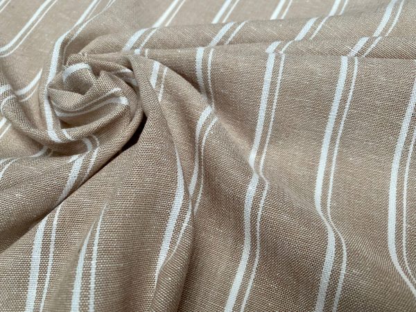 Silky Linen Blend Marine Stripe Fabric Light White Striped Material Home Decor, Dressmaking – 59″ or 150cm wide – Beige