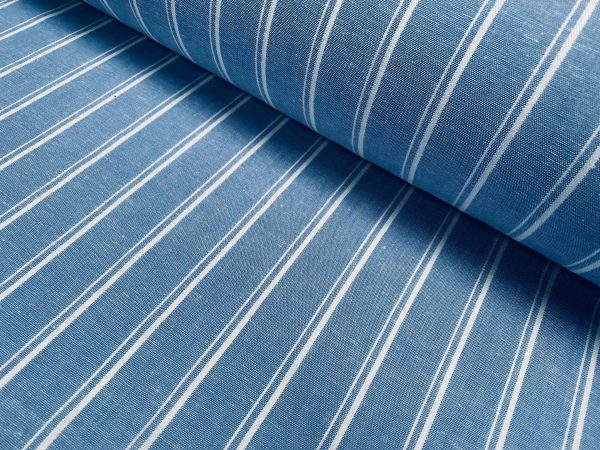 Silky Linen Blend Marine Stripe Fabric Light White Striped Material Home Decor, Dressmaking - 57" or 145cm wide - Denim Blue - Image 2