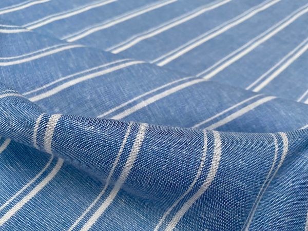 Silky Linen Blend Marine Stripe Fabric Light White Striped Material Home Decor, Dressmaking - 57" or 145cm wide - Denim Blue - Image 3
