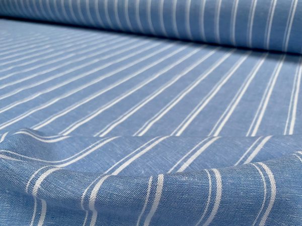Silky Linen Blend Marine Stripe Fabric Light White Striped Material Home Decor, Dressmaking - 57" or 145cm wide - Denim Blue - Image 4