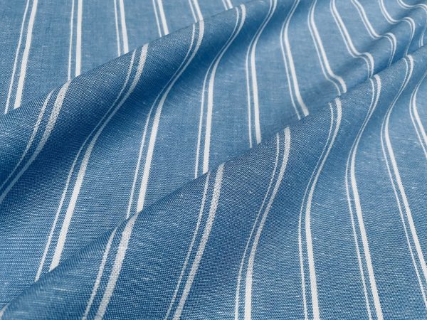 Silky Linen Blend Marine Stripe Fabric Light White Striped Material Home Decor, Dressmaking - 57" or 145cm wide - Denim Blue - Image 5