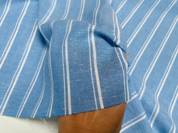Silky Linen Blend Marine Stripe Fabric Light White Striped Material Home Decor, Dressmaking - 57" or 145cm wide - Denim Blue - Image 6