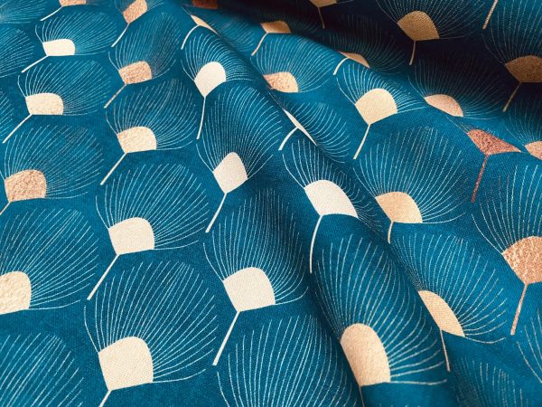 Art Deco GOLDEN Peacock Fans Geometric Damask Floral Fabric Fountain Leaf Curtains Upholstery Home Decor 110"/280cm Wide - Teal Blue & Gold - Image 2