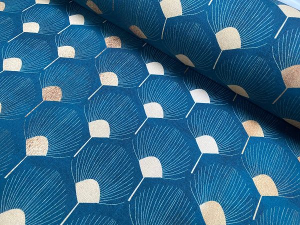 Art Deco GOLDEN Peacock Fans Geometric Damask Floral Fabric Fountain Leaf Curtains Upholstery Home Decor 110"/280cm Wide - Teal Blue & Gold - Image 3