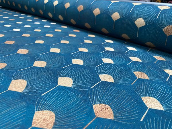 Art Deco GOLDEN Peacock Fans Geometric Damask Floral Fabric Fountain Leaf Curtains Upholstery Home Decor - 55"/140cm Wide - Teal Blue & Gold - Image 2