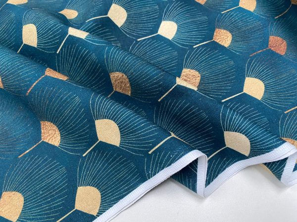 Art Deco GOLDEN Peacock Fans Geometric Damask Floral Fabric Fountain Leaf Curtains Upholstery Home Decor - 55"/140cm Wide - Teal Blue & Gold - Image 3