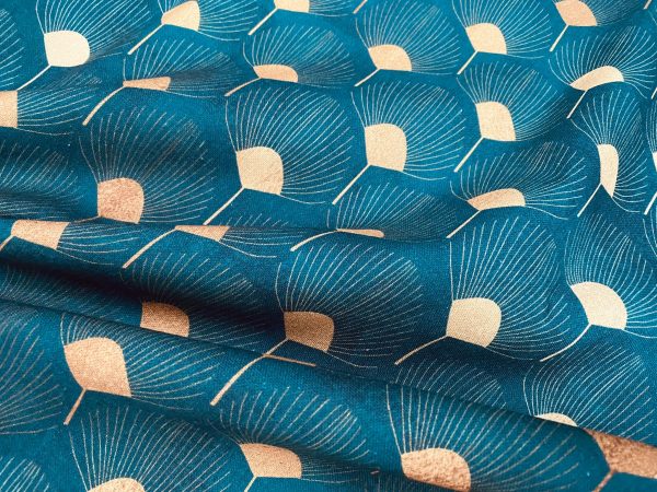Art Deco GOLDEN Peacock Fans Geometric Damask Floral Fabric Fountain Leaf Curtains Upholstery Home Decor - 55"/140cm Wide - Teal Blue & Gold - Image 4