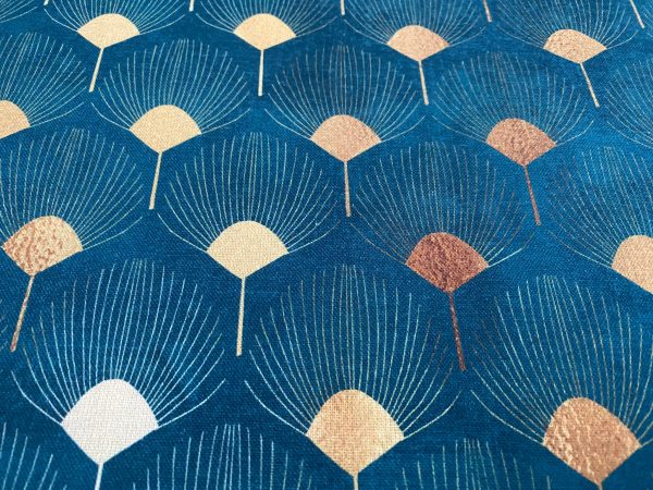 Art Deco GOLDEN Peacock Fans Geometric Damask Floral Fabric Fountain Leaf Curtains Upholstery Home Decor - 55"/140cm Wide - Teal Blue & Gold - Image 6