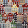 Amsterdam Canal House Fabric Holland Village Print Home Decor Curtain Upholstery Material – 55″ or 140cm Wide Canvas – Multi