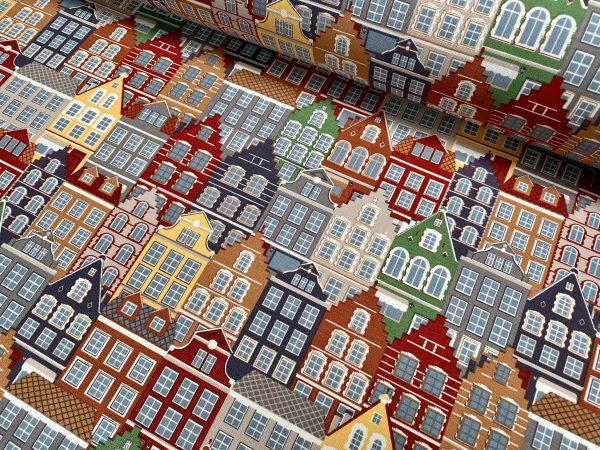 Amsterdam Canal House Fabric Holland Village Print Home Decor Curtain Upholstery Material - 55" or 140cm Wide Canvas - Multi - Image 2
