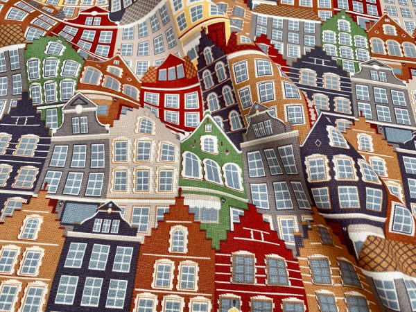 Amsterdam Canal House Fabric Holland Village Print Home Decor Curtain Upholstery Material - 55" or 140cm Wide Canvas - Multi - Image 3