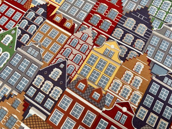 Amsterdam Canal House Fabric Holland Village Print Home Decor Curtain Upholstery Material - 55" or 140cm Wide Canvas - Multi - Image 4
