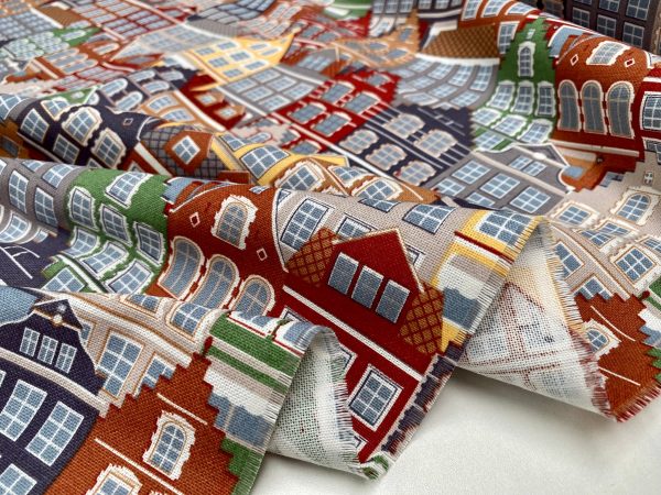 Amsterdam Canal House Fabric Holland Village Print Home Decor Curtain Upholstery Material - 55" or 140cm Wide Canvas - Multi - Image 5
