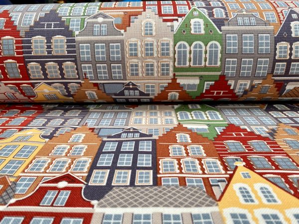 Amsterdam Canal House Fabric Holland Village Print Home Decor Curtain Upholstery Material - 55" or 140cm Wide Canvas - Multi - Image 6
