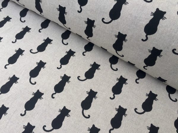 BLACK CATS Fabric Linen Look Culla Home Decor Upholstery Curtain Material Animal Canvas - 55" or 140cm wide - Black & Cream