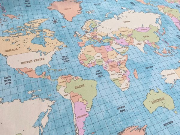 Vintage World Map Fabric Home Decor Curtains Upholstery Cotton Material Globe Print Canvas - 55" or 140cm Wide - Sky Blue - Image 2