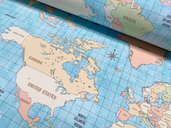 Vintage World Map Fabric Home Decor Curtains Upholstery Cotton Material Globe Print Canvas - 55" or 140cm Wide - Sky Blue - Image 3