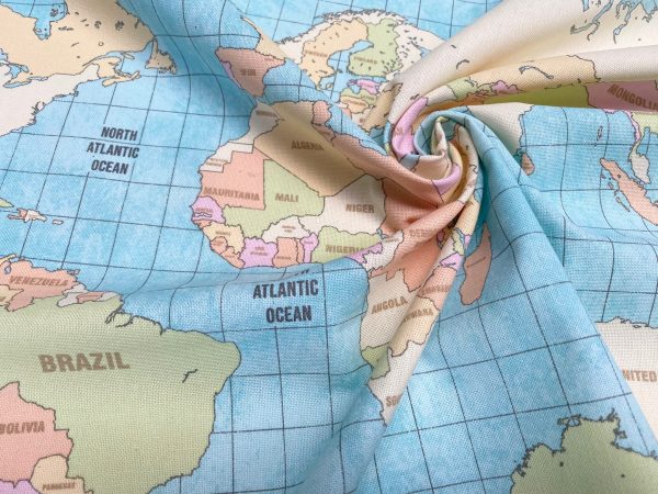 Vintage World Map Fabric Home Decor Curtains Upholstery Cotton Material Globe Print Canvas - 55" or 140cm Wide - Sky Blue - Image 4