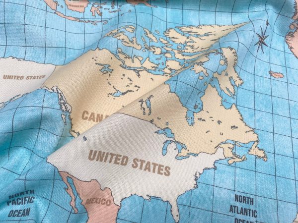 Vintage World Map Fabric Home Decor Curtains Upholstery Cotton Material Globe Print Canvas - 55" or 140cm Wide - Sky Blue - Image 5