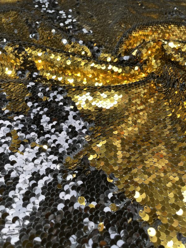 MERMAID Reversible 5mm Sequin Fabric Flip Two Tone Stretch Material - 130cm wide - Black & Gold sequins - Image 5