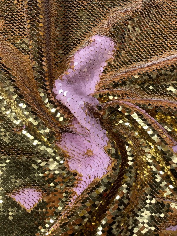 MERMAID Reversible 5mm Sequin Fabric Flip Two Tone Stretch Material - 130cm wide - Baby Pink & Gold sequins - Image 4