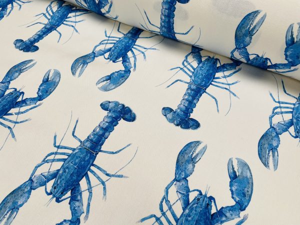 Blue Lobster Print Fabric Curtains Upholstery Dress Material Nautical Marine - 136cm Wide White Canvas - Image 3