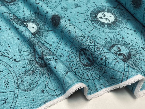 Zodiac Print Fabric Sky Stars Galaxy Space Astrology Horoscope Sun Moon Celestial Curtains Upholstery Dress Material 140cm wide - TURQUOISE - Image 4