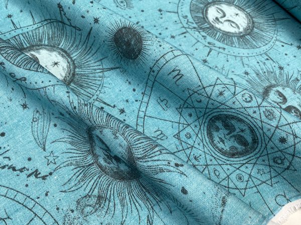 Zodiac Print Fabric Sky Stars Galaxy Space Astrology Horoscope Sun Moon Celestial Curtains Upholstery Dress Material 140cm wide - TURQUOISE - Image 3