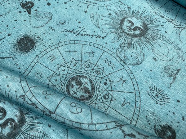 Zodiac Print Fabric Sky Stars Galaxy Space Astrology Horoscope Sun Moon Celestial Curtains Upholstery Dress Material 140cm wide - TURQUOISE - Image 2