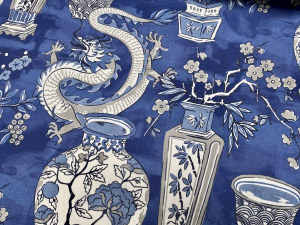 WHITE Chinese Dragon Digitally Printed Fabric Asian Porcelain Motif Material Home Decor Curtain Upholstery 140cm or 55" wide - Blue & White - Image 2