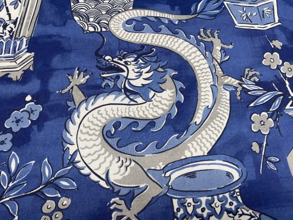 WHITE Chinese Dragon Digitally Printed Fabric Asian Porcelain Motif Material Home Decor Curtain Upholstery 140cm or 55" wide - Blue & White - Image 3