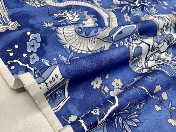 WHITE Chinese Dragon Digitally Printed Fabric Asian Porcelain Motif Material Home Decor Curtain Upholstery 140cm or 55" wide - Blue & White - Image 5