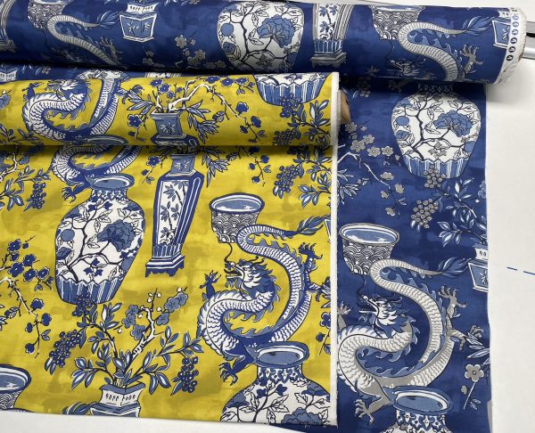 WHITE Chinese Dragon Digitally Printed Fabric Asian Porcelain Motif Material Home Decor Curtain Upholstery 140cm or 55" wide - Blue & White - Image 7