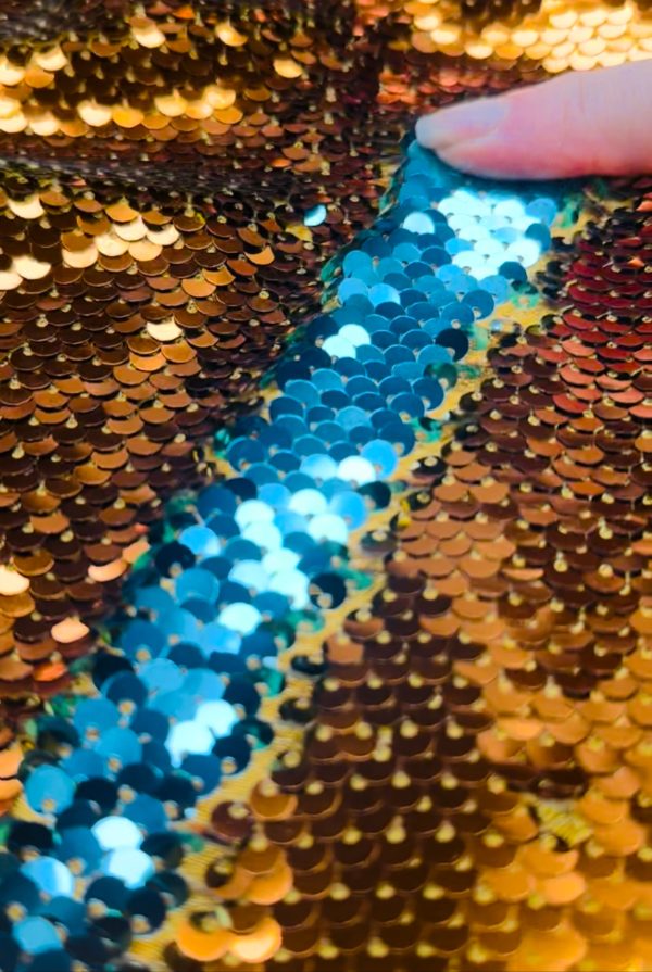 MERMAID Reversible 5mm Sequin Fabric Flip Two Tone Material - 130cm wide - Bronze Gold & Turquoise Blue Sequins - Image 5