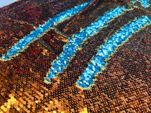 MERMAID Reversible 5mm Sequin Fabric Flip Two Tone Material - 130cm wide - Bronze Gold & Turquoise Blue Sequins