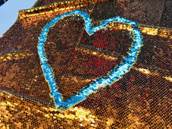 MERMAID Reversible 5mm Sequin Fabric Flip Two Tone Material - 130cm wide - Bronze Gold & Turquoise Blue Sequins - Image 2