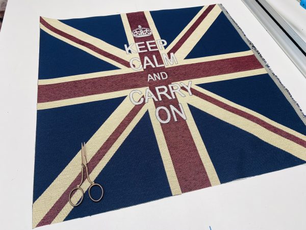 KEEP CALM Crown Union Jack Flag Retro Linen Look Heavy Jacquard Gobelin Upholstery Cushion Panel Fabric UK Banner 70x70cm or 27''x27'' - Image 3
