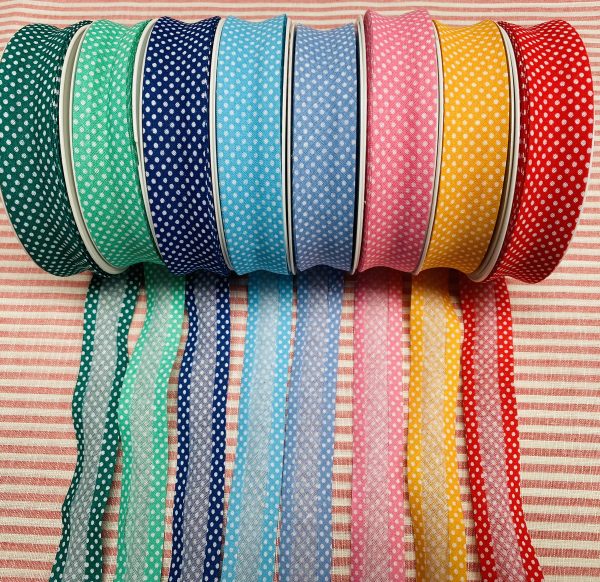 26mm Cotton Double Folded Bias Binding Ribbon Tape White Polka Dot