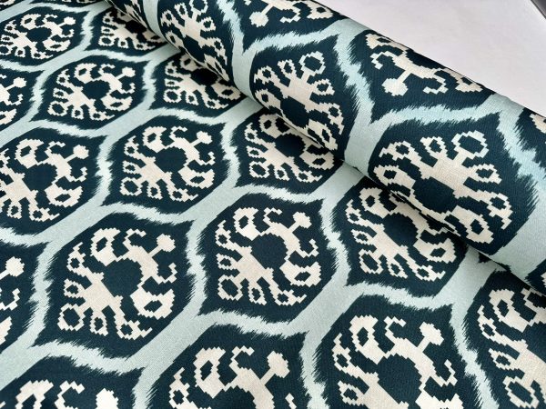 Duck Blue Ikat Floral Fan Damask Flower Fabric Geometric Paisley Cotton Material Curtain Upholstery Home Decor - 56"/144cm Wide - Image 6