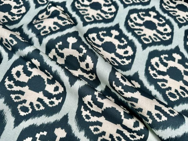 Duck Blue Ikat Floral Fan Damask Flower Fabric Geometric Paisley Cotton Material Curtain Upholstery Home Decor - 56"/144cm Wide - Image 5