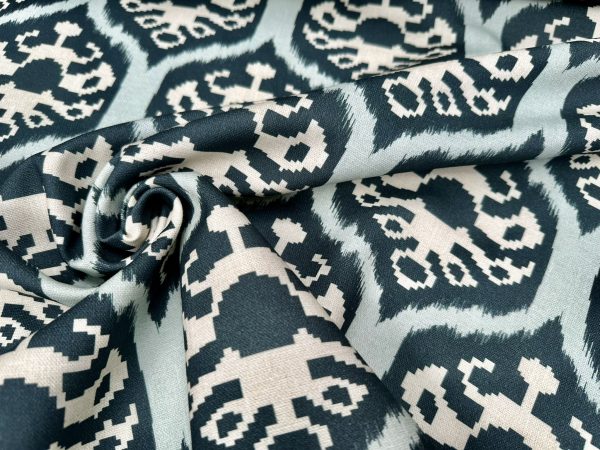 Duck Blue Ikat Floral Fan Damask Flower Fabric Geometric Paisley Cotton Material Curtain Upholstery Home Decor - 56"/144cm Wide - Image 4