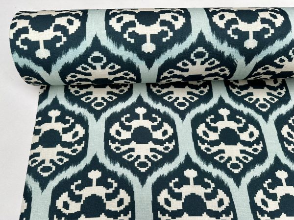 Duck Blue Ikat Floral Fan Damask Flower Fabric Geometric Paisley Cotton Material Curtain Upholstery Home Decor - 56"/144cm Wide - Image 3