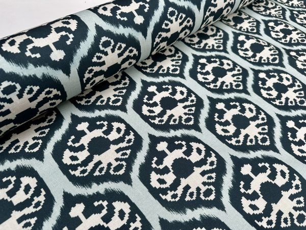 Duck Blue Ikat Floral Fan Damask Flower Fabric Geometric Paisley Cotton Material Curtain Upholstery Home Decor - 56"/144cm Wide - Image 2