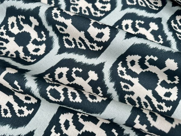 Duck Blue Ikat Floral Fan Damask Flower Fabric Geometric Paisley Cotton Material Curtain Upholstery Home Decor - 56"/144cm Wide