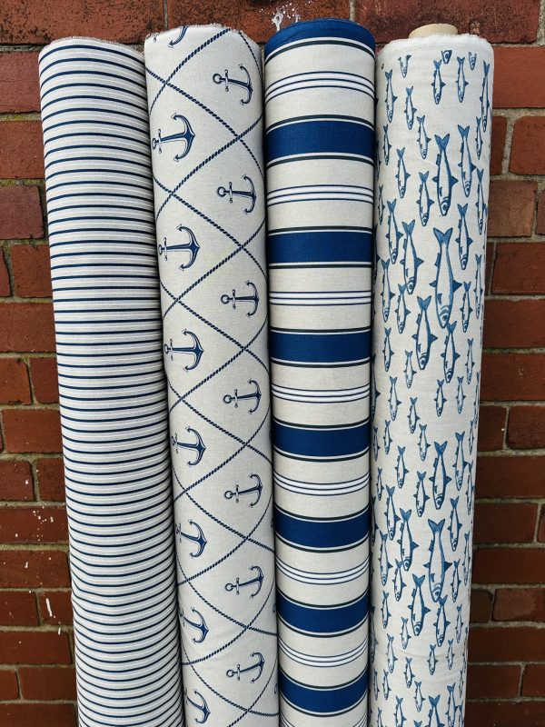 Classic Nautical Stripes Fabric Linen Look Marine Print - Curtain Upholstery Material - 140cm or 55" Wide - Blue and Cream, White Stripe - Image 5