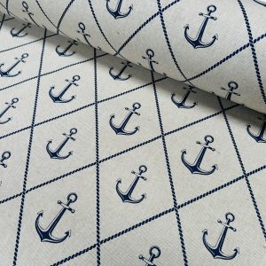 Anchor Rope Nautical Fabric Linen Look Marine Print - Curtain Upholstery Material - 140cm or 55" Wide Canvas
