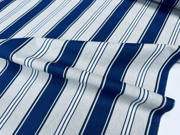 Classic Nautical Stripes Fabric Linen Look Marine Print - Curtain Upholstery Material - 140cm or 55" Wide - Blue and Cream, White Stripe