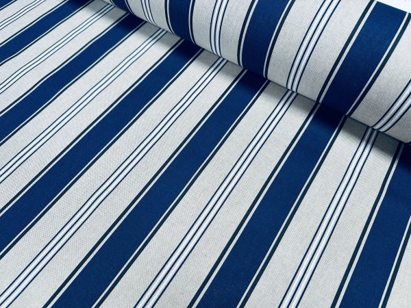 Classic Nautical Stripes Fabric Linen Look Marine Print - Curtain Upholstery Material - 140cm or 55" Wide - Blue and Cream, White Stripe - Image 3
