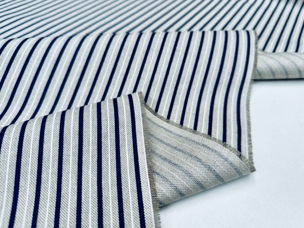 Nautical Candy Stripes Fabric Linen Look Marine Print - Curtain Upholstery Material - 140cm or 55" Wide - Blue and Cream, White Stripe - Image 7